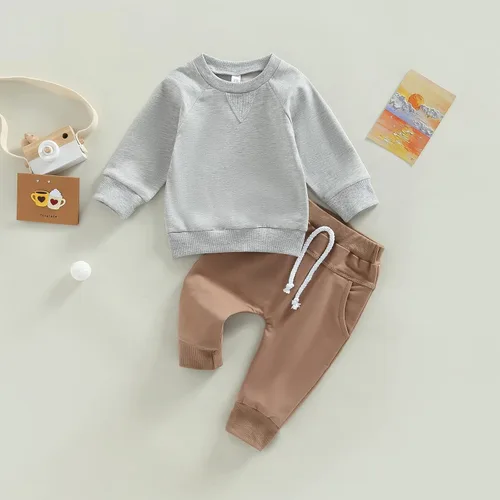 Miniatura 162 de Conjunto de 2 piezas de sudadera de manga larga con cuello redondo y pantalones casuales para bebés y niños pequeños