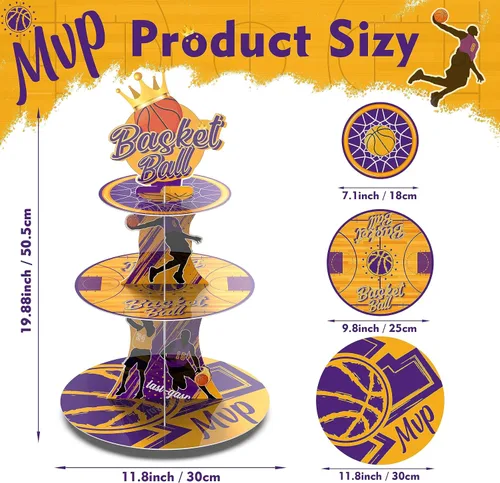 Miniatura 3 de Soporte para cupcakes de baloncesto MVP de 3 niveles con temática de baloncesto, decoración de fiesta de cumpleaños, torre de cupcakes