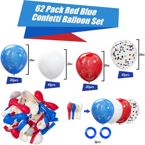 Miniatura 3 de Kit de 62 globos rojos, blancos y azules - Globos de fiesta con confeti rojo, blanco y azul de 12 pulgadas para el 4 de julio, Día de la Rojo y azul