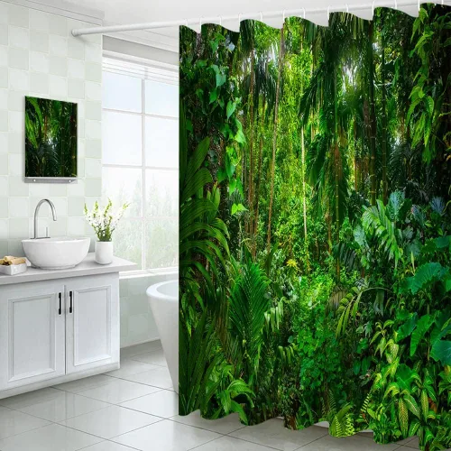 Miniatura 2 de Cortina de ducha de selva tropical, plantas de selva, hojas verdes, bosque, naturaleza, paisaje, cortina de decoración de baño con ganchos