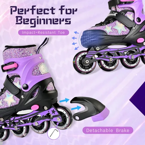 Miniatura 5 de Kuxuan Patines en línea ajustables para niños con ruedas iluminadas, divertidos patines iluminadores para niños, niñas y jóvenes Estrella morada