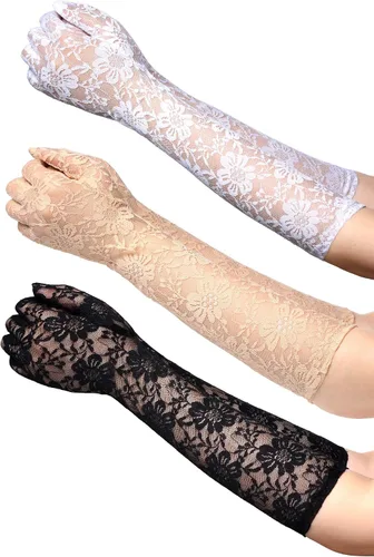Boao 3 pares de guantes de encaje floral, guantes largos de encaje vintage hasta el codo para bodas, cenas, fiestas, 3 colores