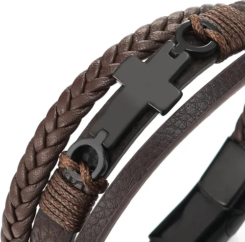 Miniatura 2 de Pulsera de cuero COOLSTEELANDBEYOND para hombre y mujer, cruz lateral plana, múltiples hebras, estilo brazalete