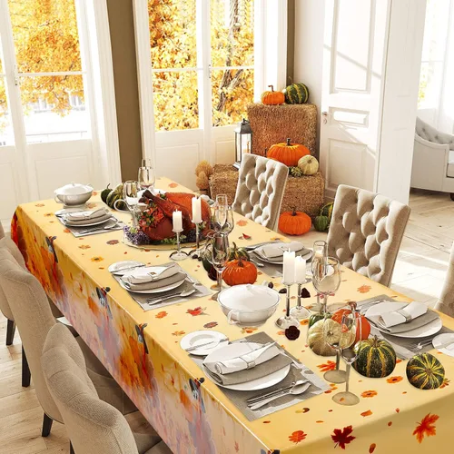 Miniatura 6 de Tudomro 3 manteles de Acción de Gracias, manteles de hojas de otoño, pavo, calabaza, hojas de arce, fundas de mesa para decoración de mesa de fiesta