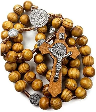 Miniatura 8 de Faith & Gospel Hertos - Collar con cuentas de madera para rosario, medalla de San Benito y cruz católica, cuerda de coronilla de oración religiosa
