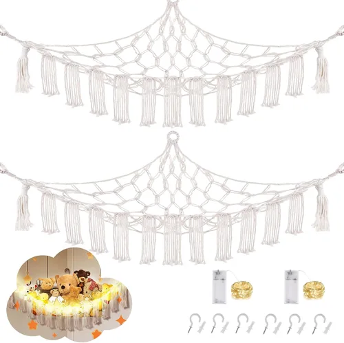 Miniatura 23 de CERETIA Hamaca de animales de peluche con luz LED, red grande de almacenamiento en esquina de animales de peluche para decoración de habitación
