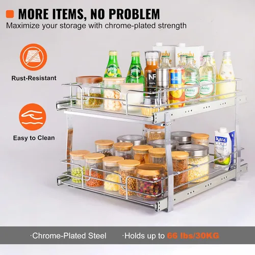 Miniatura 4 de VEVOR Organizador de Gabinete Extraíble de 2 Niveles 18.7"An×21"Pr×3.2"Al, Estantes de Despensa Deslizables de Servicio Pesado, Cajones Deslizantes