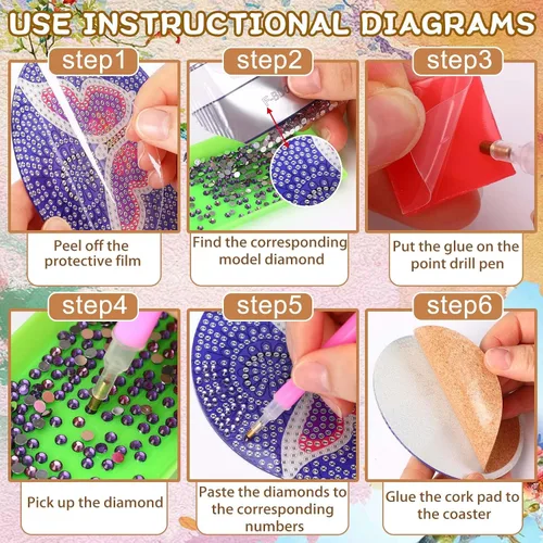 Miniatura 3 de UPINS Kit DIY, Posavasos de Arte de Pintura de Diamantes con Soporte, Juego de 8 Piezas de Posavasos de Colibrí y Mariposa, Suministros de Mariposa