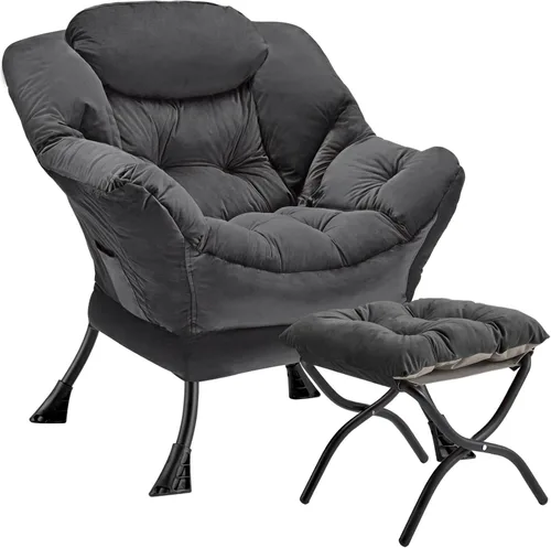 Miniatura 16 de Silla perezosa con otomana plegable, sofá de ocio, sillón de tela suave con reposabrazos y bolsillos laterales, silla de lectura con reposapiés