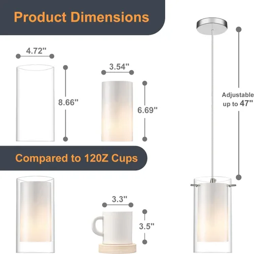 Miniatura 6 de AKEZON Lámpara colgante de 1 luz, lámpara de techo de vidrio para interiores, altura ajustable, acabado de níquel cepillado para cocina y comedor