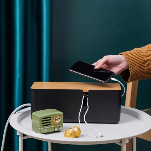 Miniatura 5 de Changsuo Caja de organización de cables con tapa de bambú, pequeña caja organizadora de cables para cable de extensión, protector de sobretensiones