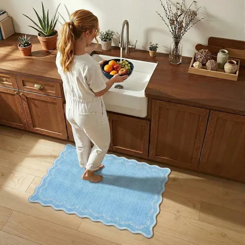 Miniatura 2 de GarveeHome Alfombra de entrada festoneada, 2 x 3, color azul sólido, lavable, alfombra floral para entrada interior, alfombra floral antideslizante