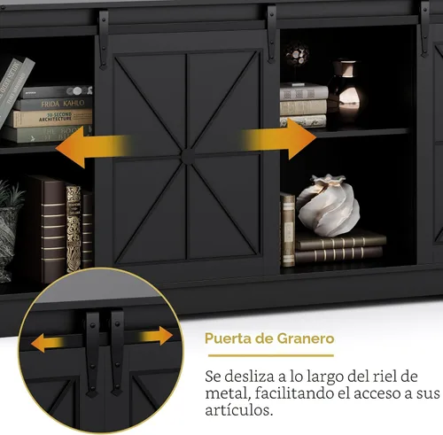 Miniatura 3 de Soporte de TV estilo granja para televisores de 65/60/55 pulgadas, centro de entretenimiento rústico con gabinetes de almacenamiento y puertas Negro