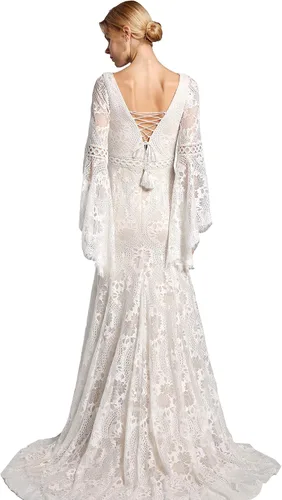 Miniatura 4 de LIPOSA Vestidos de novia de encaje bohemio para novias, mangas largas acampanadas, cuello en V, vestidos de novia de sirena con tren de barrido