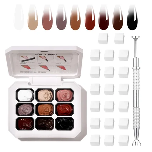 Miniatura 18 de Finger Secret - Juego de 9 colores de esmalte de uñas de gel Ombre Pat, paleta de esmaltes de gel con 20 esponjas de uñas para arte de uñas de gel