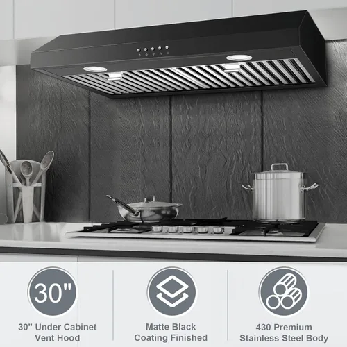 Miniatura 2 de SNDOAS Campana extractora bajo gabinete de 30 pulgadas, campana extractora negra con acero inoxidable 430 pintado con spray, ventilador de 3