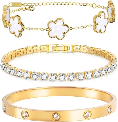 Miniatura 13 de Pulseras de oro para mujer - 4 piezas/3 piezas, juego de pulseras de tenis de 18K de oro chapado, elegantes pulseras de oro no manchadas de acero