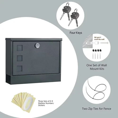 Miniatura 2 de LAND·VOI Buzón con cerradura montado en la pared, buzón de metal con tres juegos de calcomanías de números de buzón de correo, 4 llaves, 14.4" x