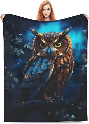 Miniatura 9 de Manta de búho para adultos y niños, regalos para los amantes de los búhos, manta de franela con pintura de cielo estrellado azul, suave, cómoda