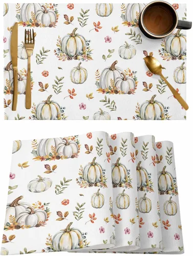 Miniatura 35 de Juego de 4 manteles individuales Boho de otoño, calabazas de acuarela para Acción de Gracias, resistentes al calor, lavables, para mesa, manteles