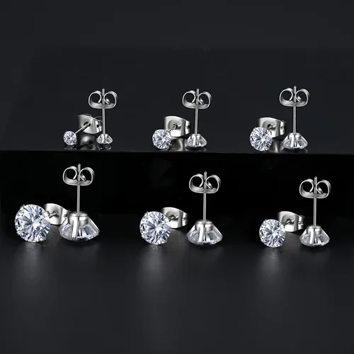Miniatura 5 de Juego de 6 pares de aretes tipo dormilona hipoalergénicos con circonita cúbica de acero inoxidable 316L, 0.118-0.315 in