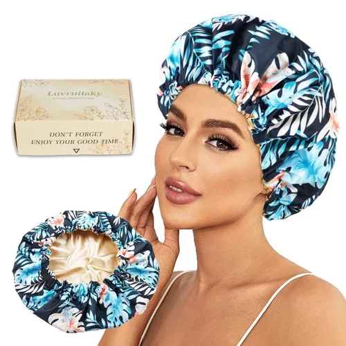 Miniatura 10 de 2 piezas de gorras de ducha para mujer, gorras de ducha reutilizables impermeables para el cabello con moño ajustable, lujosa gorra de baño