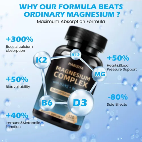 Miniatura 3 de Paquete de 2 suplementos de complejo de magnesio de 600 mg con cápsulas de alta absorción con vitaminas D3 K2 MK7 y B con glicinato, citrato