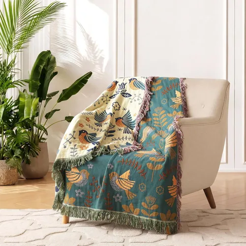 Miniatura 2 de LUTBM Manta bohemia 100% algodón suave con diseño de pájaros y flores, doble bordado, transpirable, para verano, 50 x 60 pulgadas, para todas