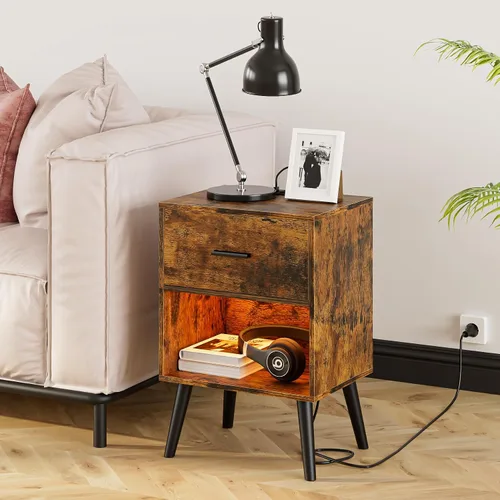 Miniatura 10 de Aienvey Mesita de noche con estación de carga y luces LED, mesa auxiliar pequeña, mesita de noche con cajón, mesita de noche moderna, mesa auxiliar