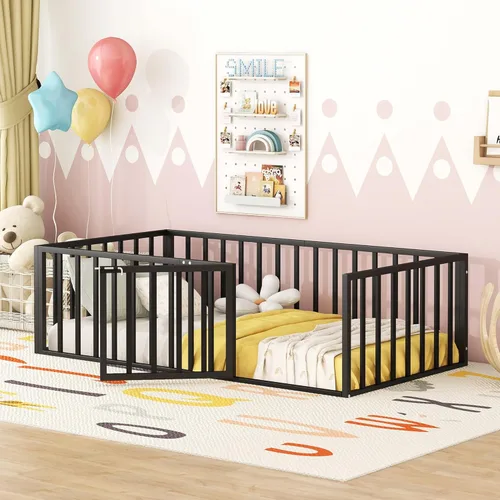 Miniatura 3 de Cama de suelo de tamaño individual para niños, camas Montessori con rieles y puerta, marco de cama de metal con valla para niños y niñas, color negro