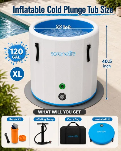Miniatura 2 de SereneLife Bañera de hielo inflable para una persona, 85 galones con tapa, PVC de punto de caída, sellos de doble capa, inmersión fría resistente