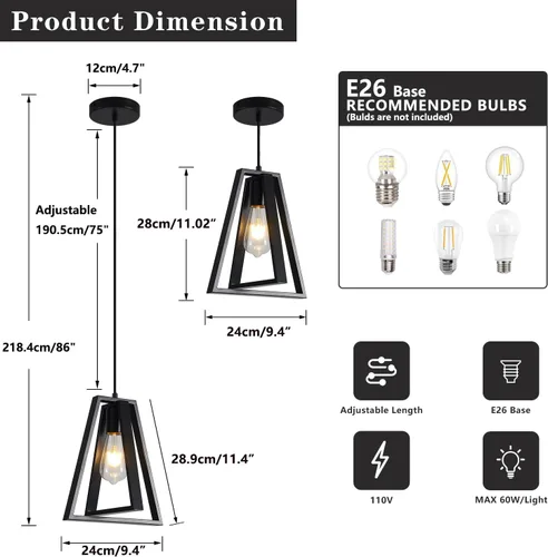 Miniatura 4 de Lámpara colgante de casa de campo negra para isla de cocina, lámpara colgante rústica, altura ajustable, lámpara colgante de techo de metal, mini