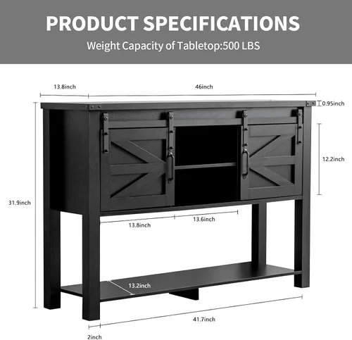 Miniatura 2 de GAZHOME Mesa de entrada con puertas correderas de granero, mesa consola de granja de 46 pulgadas con almacenamiento, mesa de sofá rústica con 2-Negro
