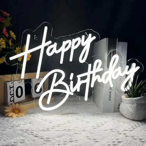 Letrero de neón de feliz cumpleaños para decoración de pared, luz de neón LED blanca de 17×12 pulgadas, letrero de luz de neón de feliz cumpleaños