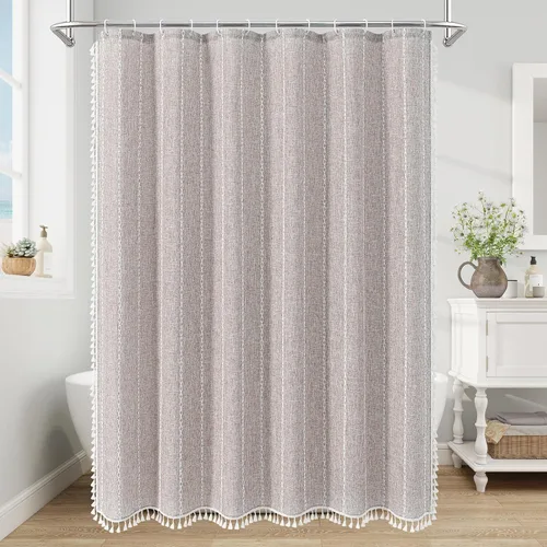 Miniatura 2 de MitoVilla - Juego de cortina de ducha de tela de granja gris, cortinas de ducha de poliéster y lino modernas estilo bohemio para decoración de baño