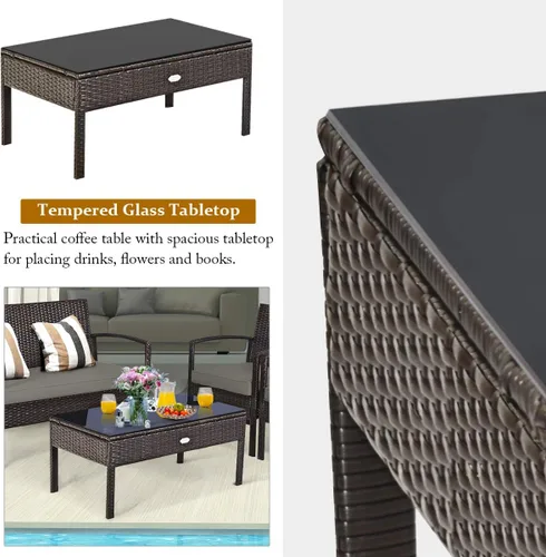 Miniatura 5 de HAPPYGRILL Juego de muebles de patio de 4 piezas, juego de conversación de mimbre de ratán para jardín, piscina, césped, sofá biplaza, asiento Marrón