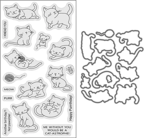 DzIxY Word Happy Purrrthday - Juego de sellos transparentes y troqueles de corte de metal para hacer tarjetas, álbumes de recortes, suministros de 17