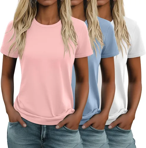 Miniatura 41 de Huukeay Paquete de 3 camisetas de algodón para mujer, estilo casual, de manga corta, cuello redondo, ajuste holgado, básica, lisa