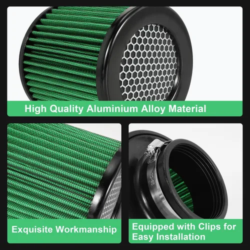Miniatura 5 de Filtro de admisión de aire frío de alto rendimiento, lavable, con abrazadera, filtro de aire de repuesto con brida de diámetro 3" (76mm) verde