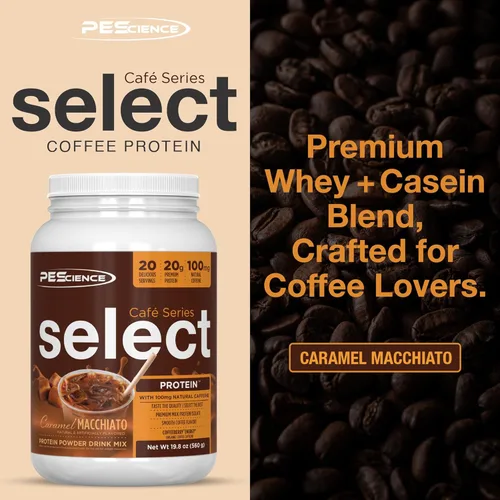 Miniatura 2 de PEScience Select Cafe Protein Coffee - Polvo con sabor a café, 100 mg de cafeína, 0.71 onzas de proteína helada, café en polvo o crema - Caramel
