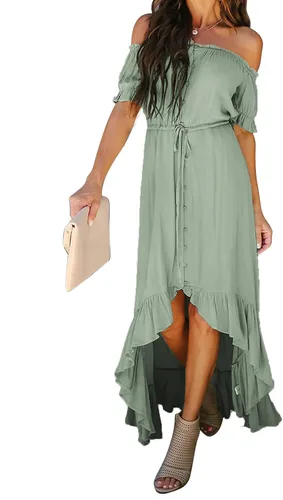 Happy Sailed - Vestido largo casual con hombros descubiertos para mujer manga corta dobladillo irregular con volantes para dama de honor fiesta de