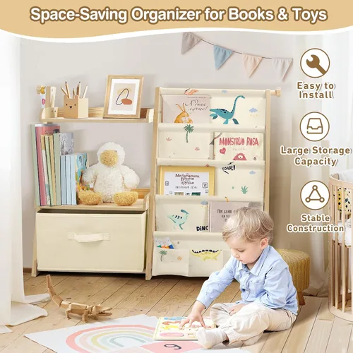 Miniatura 4 de Estantería para niños y organizador de juguetes 2 en 1, estante para libros para habitaciones de niños con cubo de juguetes móvil, estante de 4