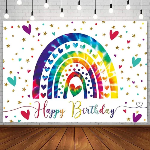 AIBIIN Fondo de fiesta de cumpleaños de arcoíris bohemio de 7 x 5 pies para niña, feliz primer cumpleaños, fondo de fotografía, colorido amor,