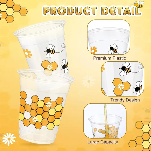 Miniatura 3 de Sliner 50 tazas de miel transparente, vasos desechables de 12 onzas con pajitas, recuerdos de fiesta temática de abejas para cocina, baby shower