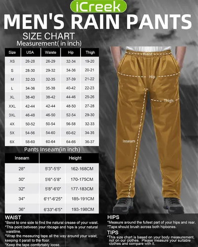 Miniatura 6 de iCreek Pantalones de lluvia para hombre, impermeables, resistentes al viento, ligeros, para senderismo, trabajo, lluvia, al aire libre, para golf