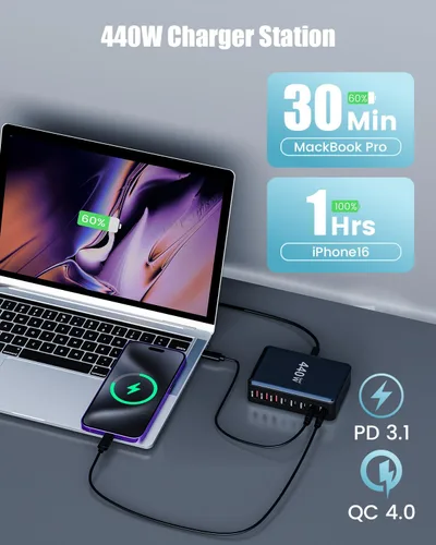 Miniatura 5 de Bloque de cargador USB C de 440 W, estación de carga USB C de 8 puertos GaN IV, estación de carga de múltiples puertos esenciales de viaje, Negro
