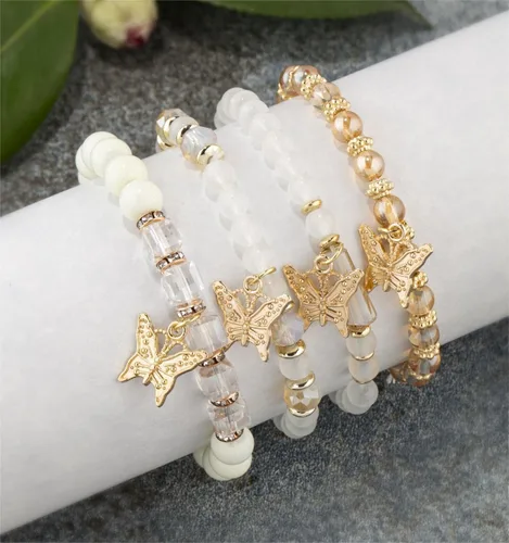 Miniatura 5 de Fuqimanman2020 Juego de 4 pulseras elásticas apilables con cuentas de oro con dije de mariposa de cristal y coloridas pulseras elásticas