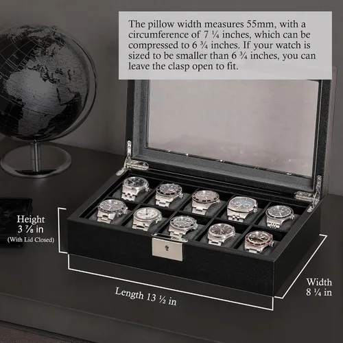Miniatura 2 de ROTHWELL Caja de reloj de cuero con 10 ranuras, organizador de joyas de lujo, soporte para reloj con tapa de cristal grande, organizador de caja