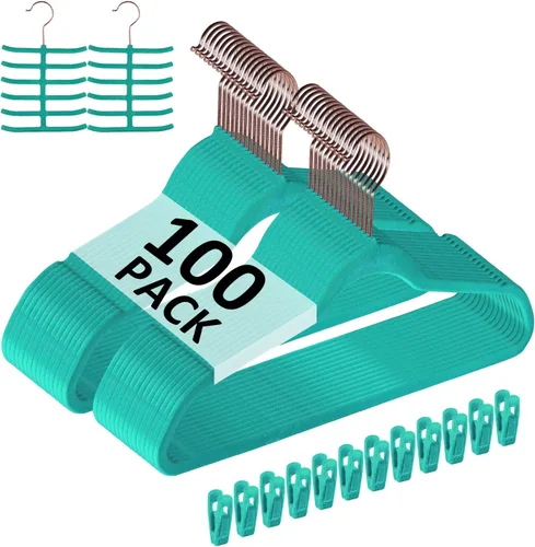 Miniatura 11 de VECELO Perchas de terciopelo de alta calidad resistentes (paquete de 60), antideslizantes y ahorran espacio con 8 clips para los dedos y soporte