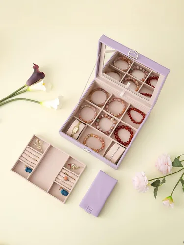 Miniatura 7 de AOSIFIEL Joyero con cerradura para organizador de joyas de viaje con espejo para mujeres, adolescentes y niños, estuche de joyería de escritorio